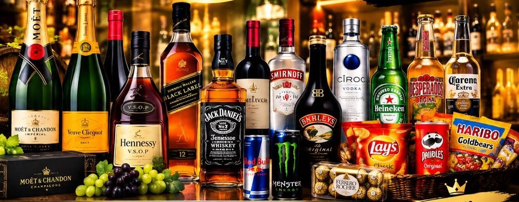 Sélection de la cave : champagnes, cognac, whiskies, vodkas, bières, confiseries et snacks